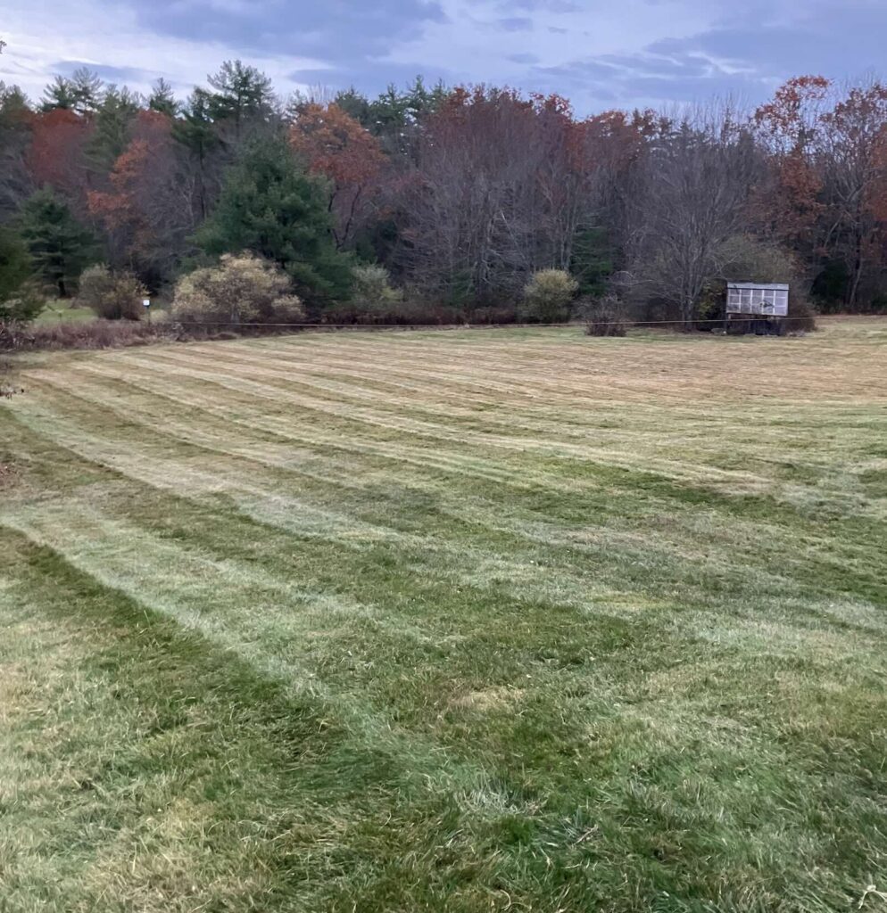 Freshly mowed striped lawn and field after property cleanup in Durham NH