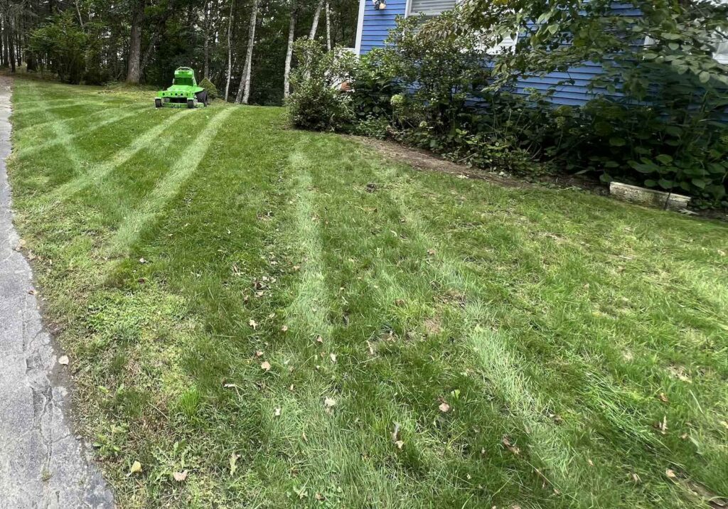 Freshly striped lawn with Mean Green mower during landscape maintenance in Portsmouth NH