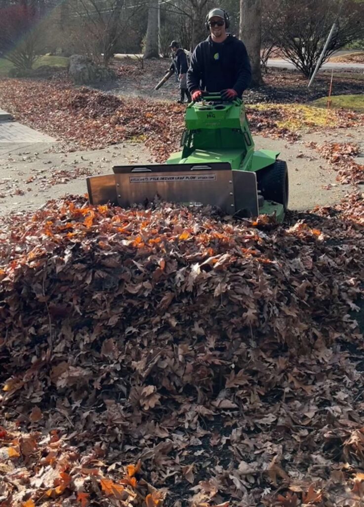 Large leaf piles being cleared with mower leaf plow during fall landscape maintenance in Durham NH