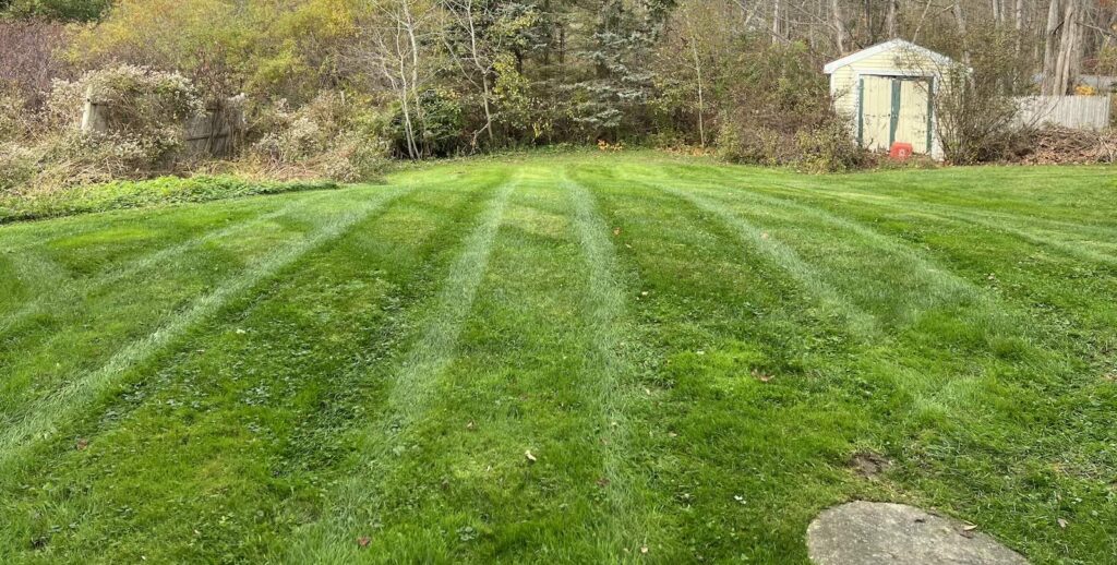 Freshly striped backyard lawn during landscaping service in Greenland NH