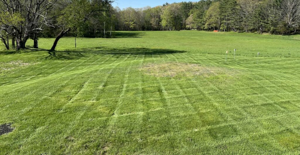 Professional lawn mowing service maintaining residential property in Newington NH