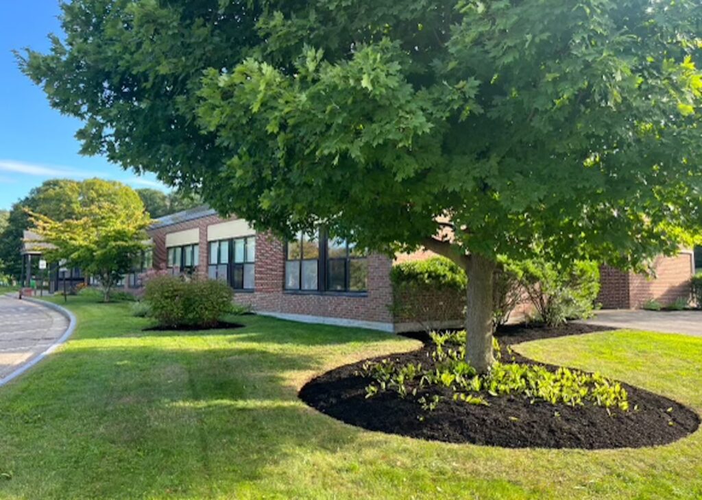 Fresh landscape mulch installation at school in Newington NH