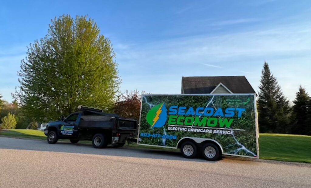 Seacoast EcoMow electric lawn care truck and trailer serving the New Hampshire Seacoast